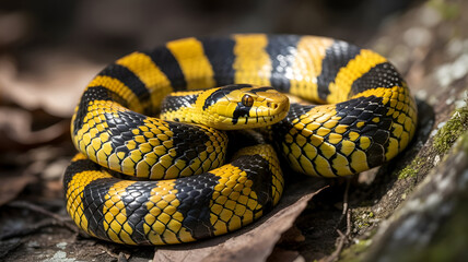 Obraz premium Close-up of a vibrant yellow and black banded snake coiled on a forest floor, showcasing intricate scales and a curious gaze.