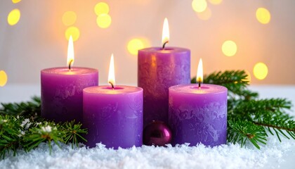 Advent - Four Purple Candles With Fir Branches And Bokeh Lights.