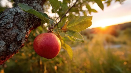 Close Up of Red Apple on Tree Branch with Dew Drops During Sunset in Rural Landscape with Soft Warm Lighting