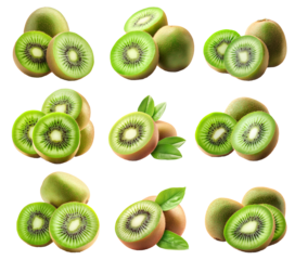 Set of kiwi fruits with vibrant green flesh and brown fuzzy skin, isolated on white transparent background.