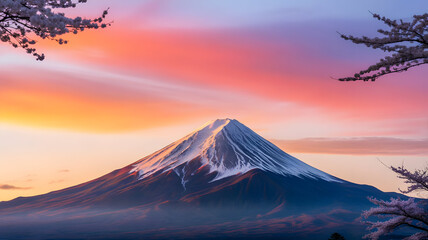 Majestic Mount Fuji in Japan, dusted with snow and framed by delicate cherry blossoms during a breathtaking sunset with vibrant pink and orange clouds.