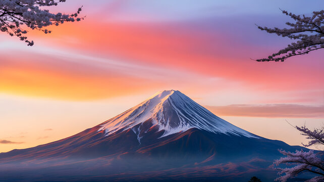 Majestic Mount Fuji in Japan, dusted with snow and framed by delicate cherry blossoms during a breathtaking sunset with vibrant pink and orange clouds.