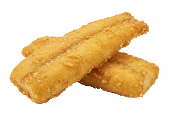 Golden fried fish sticks isolated PNG, crispy breaded fish fillets on transparent background, seafood snack for fast food and convenience meals