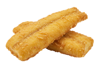Golden fried fish sticks isolated PNG, crispy breaded fish fillets on transparent background, seafood snack for fast food and convenience meals