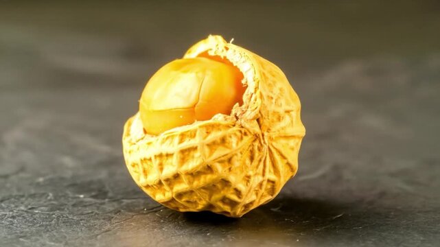 Close up of a peanut in shell with golden interior on a textured surface