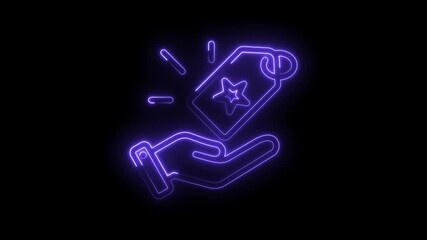 Neon hand offering star tag for exclusive deal on black background animated