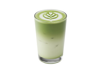 Matcha latte in a glass isolated PNG, green tea latte art on transparent background, healthy beverage for cafe menu