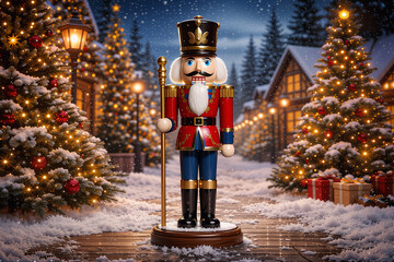 Classic Nutcracker Soldier in Snowy Christmas Village with Festive Lights and Winter Holiday Atmosphere