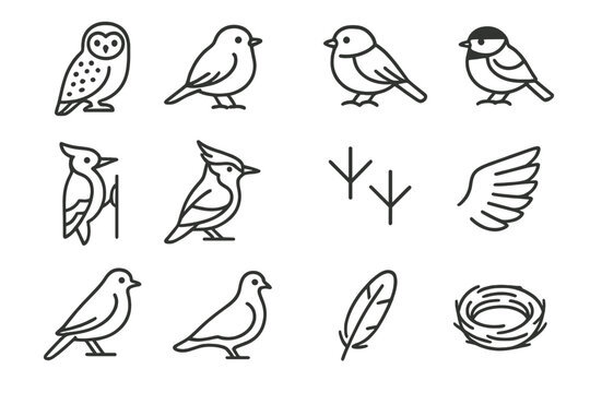 Snowy Bird Icons. Winter wildlife in snow &ndash; Snowy Birds. Line outline icon set of Snowy Birds: snow owl, robin