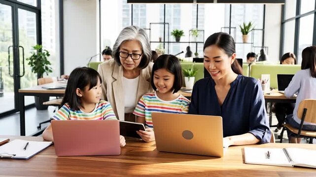 Three generations of women collaboratively learning digital skills together using laptops and a tablet in a bright, modern office setting