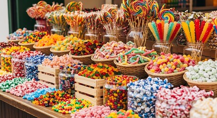 A vibrant close-up showcasing an array of colorful candies in baskets and jars, a tempting sweet display