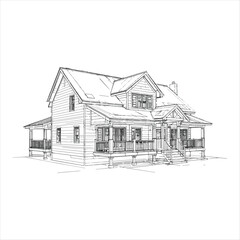 Architectural House Sketch Vector Illustration,Hand Drawn Residential Building Line Art,Modern House Architecture Blueprint Vector,Construction Design and Home Sketch Vector.
