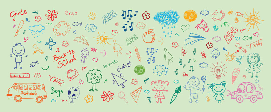 Cute Hand Drawn Kids School Doodle Background, Childish Cartoon Education Illustration with Boys and Girls, Back to School Sketch Elements, Colorful Children Drawing Set
