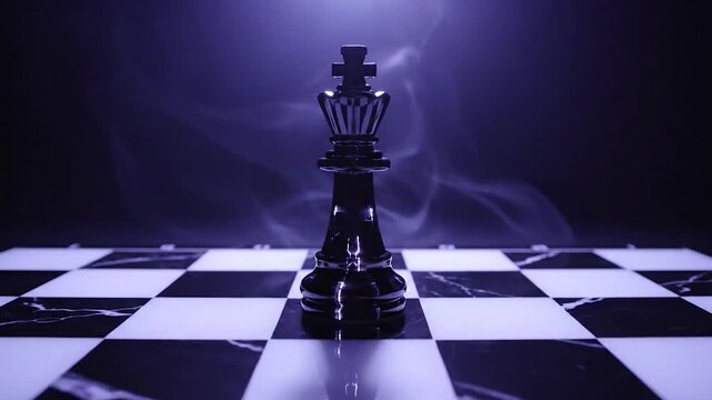 Dramatic Chess King on Board with Smoke and Purple Lighting.