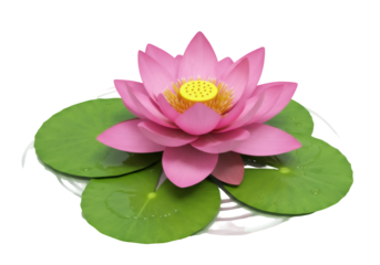 Pink lotus flower isolated PNG on transparent background, water lily with green leaves for spa and wellness concepts