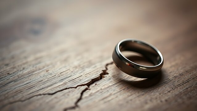 toroidal. A broken wedding ring lies on wood with a visible crack and side lighting. wellbeing guides, coaching materials, designed for coaching and self-improvement content, used by videographers.
