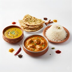 Indian cuisine featuring butter chicken, naan, dal, and basmati rice, served in traditional ceramic plates and bowls