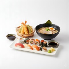 Japanese cuisine featuring sushi, ramen, and tempura, presented in minimalist ceramic plates and bowls