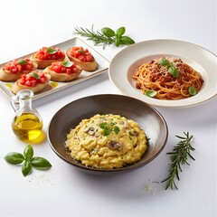Italian cuisine featuring pasta, risotto, and bruschetta, served in rustic ceramic plates and bowls, olive oil sheen, fresh herbs, elegant plating