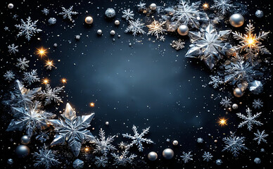 Elegant Dark Background with Glowing 3D Snowflakes Frame, Sparkling Pearls, Faceted Crystals and Twinkling Stars for Christmas Holiday Cards, Festive Invitations, New Year Banners