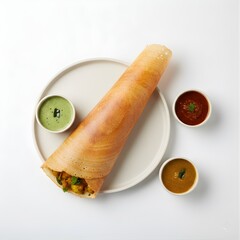Masala Dosa (crispy South Indian fermented rice crepe filled with spiced potato), plated on ceramic plates with small ceramic bowls of chutney