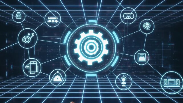 Dynamic Visualization of Core Digital Systems and Network Connectivity, Featuring a Central Gear Icon Interlinking Diverse Functional Elements within a Futuristic Data Grid