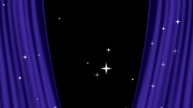 キラキラの青い2枚のカーテンが左右に開くオープニングやタイトル動画　背景透過のアルファチャンネル素材(4K)