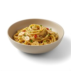 Spaghetti Aglio e Olio (Italian noodle with garlic, olive oil, and chili flakes), plated in ceramic bowls