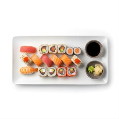 Sushi (assorted Japanese rice rolls and nigiri), arranged in ceramic plates