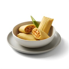 Tamales (steamed corn dough parcels filled with meat or vegetables), unwrapped and arranged in ceramic plates