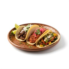 Tacos (Mexican corn tortillas filled with vegetables or meat), plated in ceramic plates, colorful toppings