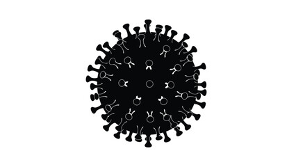 A black and white illustration of a coronavirus with visible spike proteins