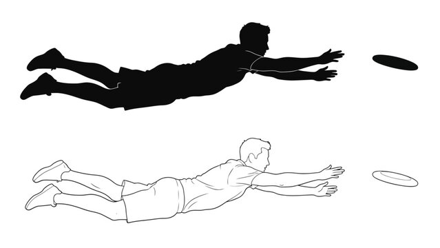 A dynamic silhouette of a person diving for a frisbee in mid air