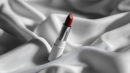 Cloud Dancer Classic Red Lipstick - Elegant Makeup Product on Luxurious White Silk Fabric Colour of the Year 2026