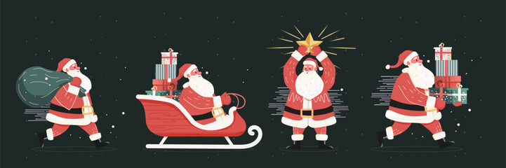Santa Christmas New Year 2026 celebration festive scene Santa Claus delivering gifts riding sleigh holding star carrying presents snowy dark background banner