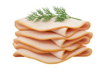 Stack of sliced smoked turkey breast with dill isolated PNG, deli meat for sandwiches and charcuterie boards on transparent background