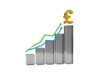 Golden pound sign on top of a bar graph with green and blue arrows isolated PNG, financial growth and investment concept on transparent background