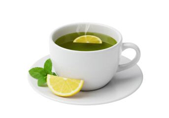 Green tea with lemon and mint isolated PNG, healthy herbal drink on transparent background for wellness and relaxation