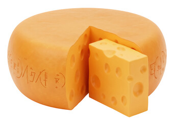 Wheel of Swiss cheese with a cut piece isolated PNG, dairy product with holes on transparent background for food design and nutrition concepts