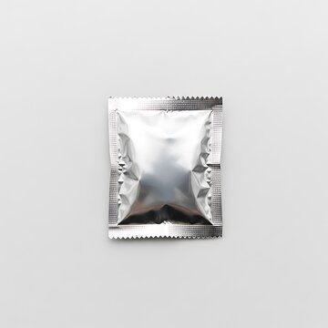 Condom packaged in silver foil wrapper
