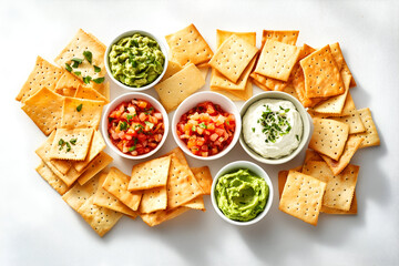 Party Snack Platter with Crackers, Guacamole, Salsa and Cream Cheese Dip