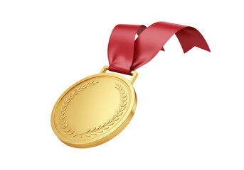 Gold medal with red ribbon isolated PNG, award for sports achievement and competition success on...