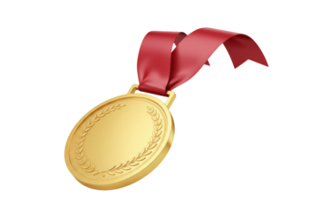 Gold medal with red ribbon isolated PNG, award for sports achievement and competition success on transparent background
