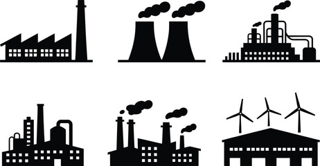 Collection of Industrial Building Silhouettes with Smoke and Wind Turbines