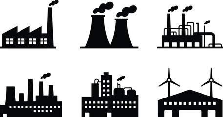 Obraz premium Collection of Industrial Factory Silhouettes with Smoke and Wind Turbines