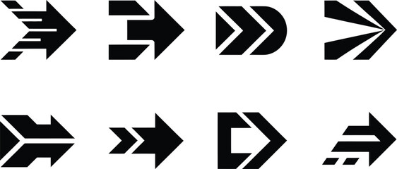 Collection of Eight Stylized Black Arrows Pointing Right