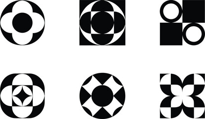 Geometric Abstract Circles, Squares, and Petal Shapes in Black and White
