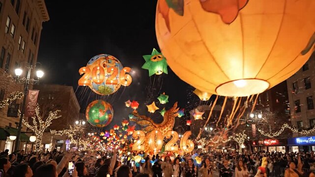 Spectacular New Year's Eve Parade with Giant Lanterns and Fireworks Celebration