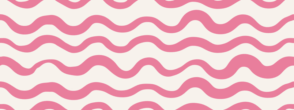 Playful baby wavy pattern. Seamless hand drawn pink waves and lines.