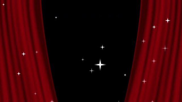 キラキラの赤い2枚のカーテンが左右に開くオープニングやタイトル動画　背景透過のアルファチャンネル素材(4K)
